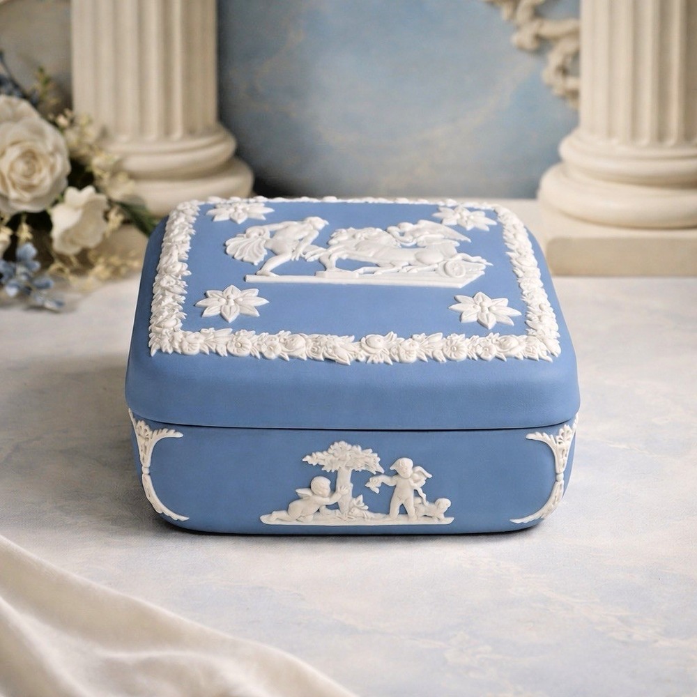 Wedgwood Blue Jasperware Keepsake Box Greek Chariot Cherubs England